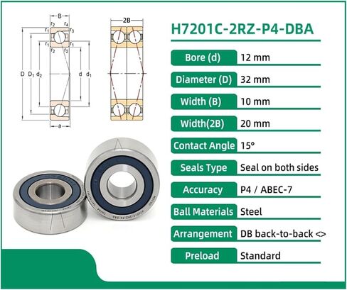 1 Pair H7201C 2RZ P4 DBA 12X32X10 7201 Sealed Angular Contact Bearings Spindle in Saudi Arabia