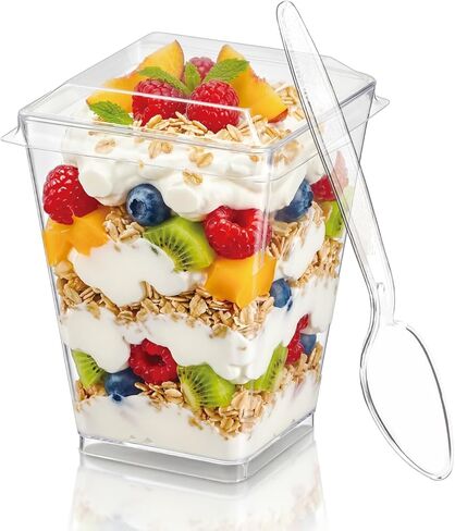 Hiasobre 50Pack 5oz Plastic Dessert Cups with Lids and Spoons, Reusable Clear Parfait Appetizer Cups, Square Party Shooter Serving Cup, Mini Dessert Shot Glasses for Tasting in Saudi Arabia