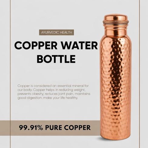 Copper Water Bottle - 34oz - Handcrafted Ayurvedic 100% Pure Copper Water Bottle for Drinking |Men & Women| Leak-Proof Lid BPA Free Non-Insulated & Eco Friendly with Premium Quality for Sport in Saudi Arabia
