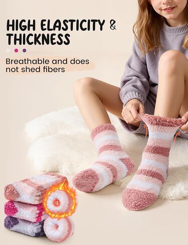 Durio Kids Fuzzy Slipper Socks with Non-Slip Grips - 3 Pairs Cozy Warm Crew Sock for Boys Girls, Soft Toddler Winter Socks in Saudi Arabia