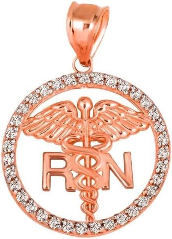 10 قيراط أو 14 قيراط من الذهب الأصفر أو الأبيض أو الوردي 1-1/10 بوصة Caduceus RN Charm قلادة ممرضة مسجلة مستديرة CZ - اختيار اللون المعدني in Saudi Arabia
