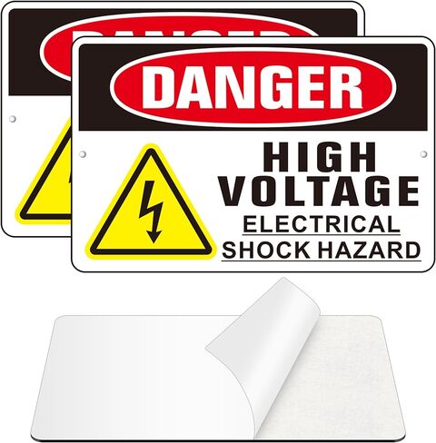 Danger High Voltage Sign, (2 Pack) Self Adhesive Aluminum Metal Electrial Shock Hazard Signs for Indoor Outdoor Use, Rust Free and Reflective Sticker (9 x 6 inches, Black/White) in Kuwait