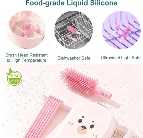 Baby Bottle Brush, 6 in 1 Travel Bottle Cleaner Kit with Silicone Bottle Brush, Nipple Brush, Straw Brush, Soap Dispenser, Bottle Drying Rack, Portable Essentials for Home and Travel-Green in Saudi Arabia