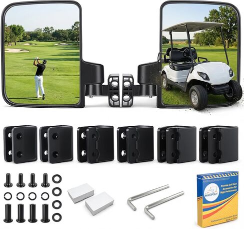 Golf Cart Side Mirrors Universal No Drilling for Yamaha, Club Car, EZGO Folding Adjustable 180 Degree HD Glass Compatible with 0.75" 1" 1.25" Square Strut Mount Included in Saudi Arabia