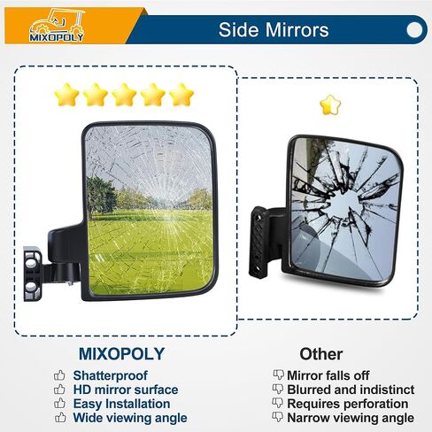 Golf Cart Side Mirrors Universal No Drilling for Yamaha, Club Car, EZGO Folding Adjustable 180 Degree HD Glass Compatible with 0.75" 1" 1.25" Square Strut Mount Included in Saudi Arabia