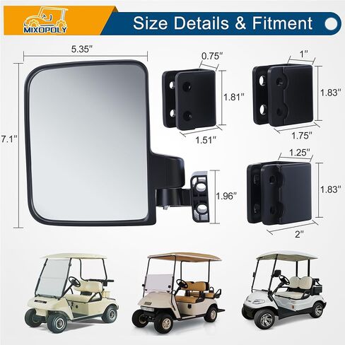 Golf Cart Side Mirrors Universal No Drilling for Yamaha, Club Car, EZGO Folding Adjustable 180 Degree HD Glass Compatible with 0.75" 1" 1.25" Square Strut Mount Included in Saudi Arabia