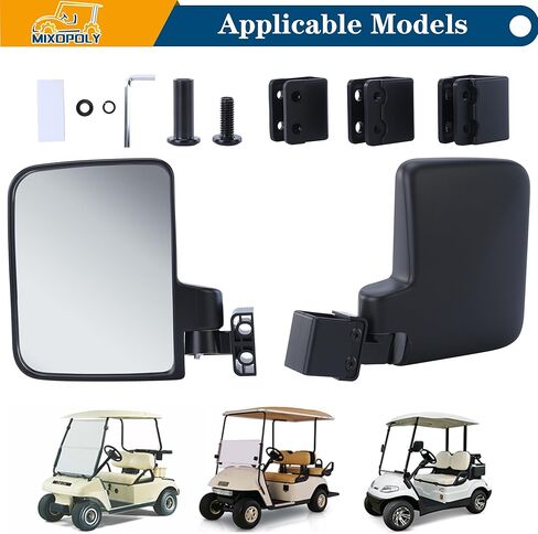 Golf Cart Side Mirrors Universal No Drilling for Yamaha, Club Car, EZGO Folding Adjustable 180 Degree HD Glass Compatible with 0.75" 1" 1.25" Square Strut Mount Included in Saudi Arabia