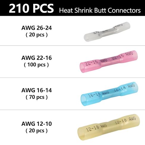 210PCS Heat Shrink Butt Connectors, Marine Grade Electrical Wire Connectors Kit, Tinned Red Copper Insulated Waterproof Crimp Terminals Butt Splice for Cable,Boat,Wiring in Saudi Arabia