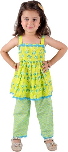 Baby Girl's Sanganeri Printed Sleeveless Cotton Top With Straight Pant Dress Clothing Set in Saudi Arabia