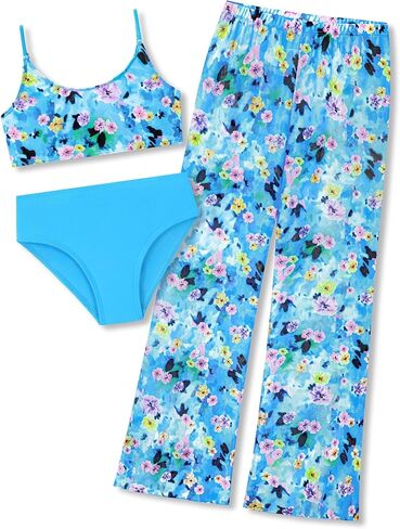 Dvenki Girls 3-Piece Swimsuit - Bikini Set Leopard & Floral Print with Mesh Cover Up Pants Swimwear for Tween Size 6X-16 in Saudi Arabia