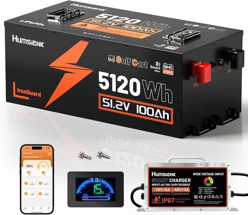 48V 150Ah Golf Cart Battery with Blade Cell & Metal Case, LiFePO4 Lithium Battery with 200A BMS, Bluetooth APP & LCD Monitor, 15000+ Cycles, Peak Current 600A with Low-Temp Protection for Golf Carts in Saudi Arabia