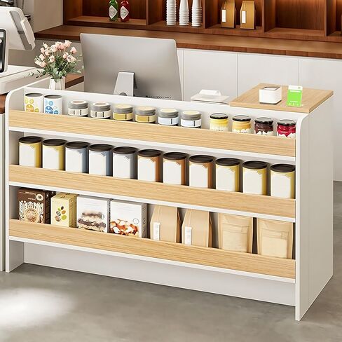 Modern Reception Desk Counter, Retail Counter Reception Desk with Lockable Drawers, Retail Checkout Counter with Open Shelves (White-You) in Saudi Arabia