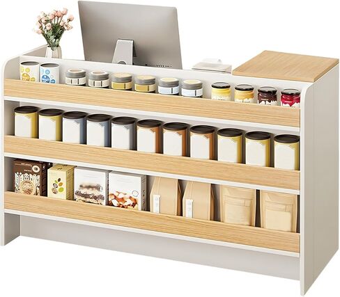 Modern Reception Desk Counter, Retail Counter Reception Desk with Lockable Drawers, Retail Checkout Counter with Open Shelves (White-You) in Saudi Arabia