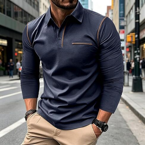 Men's Casual Polo Shirts Classic Long Sleeve Basic Button T-Shirt Lightweight Cotton Golf Tops Work Pullover Shirts in Saudi Arabia