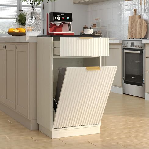 10-Gallon Wood Grain Tilt-Down Trash Can Cabinet,Wooden Grooved Recycling Cabinet with Wave Texture Hidden Drawer and Pull-Out Trash Can,Suitable for Kitchen,Bathroom (Trash Can Cabinet-Wood) in Saudi Arabia