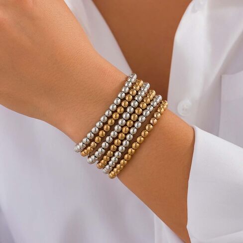 Mixed Metal Bracelet Gold Silver Beaded Bracelets Stack Two Tone Bracelets for Women Bead Stackable Statement Bracelet in Saudi Arabia