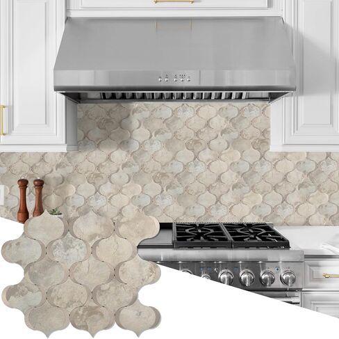10 Sheet Arabesque Peel and Stick Backsplash Tile, Stick on Backsplash for Kitchen and Bathroom Wall, Ecru Beige Stone Look PVC Mixed Metal Aluminum in Kuwait