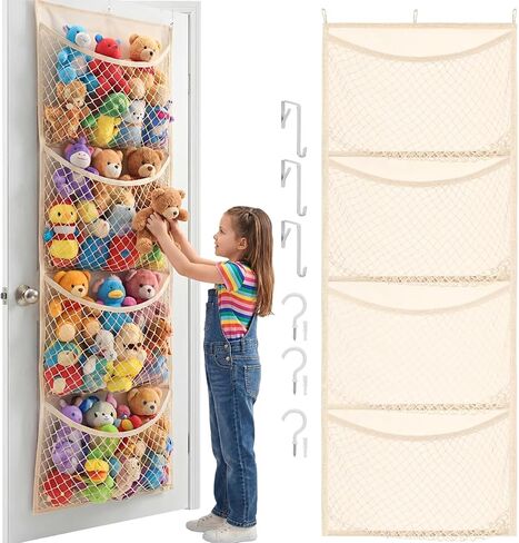 Cotton Over The Door Stuffed Animal Storage | Toy Organizer for Storage Plush Toys, Stuffed Animal Holder with 4 Large Pockets, Hanging Door Organizer for Nursery in Saudi Arabia