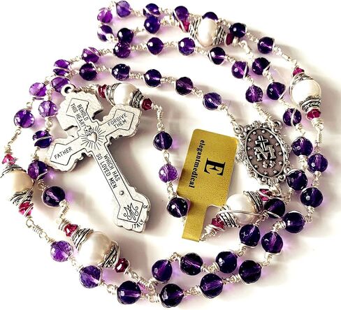 elegantmedical HANDMADE Gold Wire Wrapped Amethyst Beads &10mm Real Pearl Beads Rosary Cross/Crucifix Necklace Gift Box (Amethyst) in Saudi Arabia
