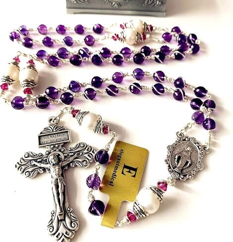 elegantmedical HANDMADE Gold Wire Wrapped Amethyst Beads &10mm Real Pearl Beads Rosary Cross/Crucifix Necklace Gift Box (Amethyst) in Saudi Arabia