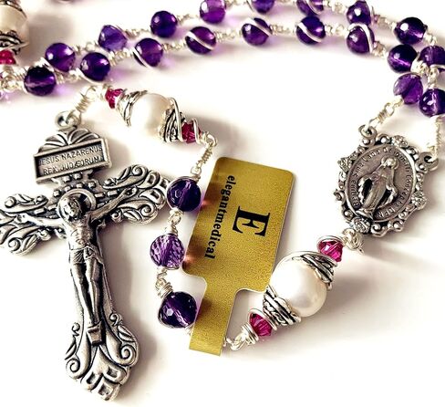 elegantmedical HANDMADE Gold Wire Wrapped Amethyst Beads &10mm Real Pearl Beads Rosary Cross/Crucifix Necklace Gift Box (Amethyst) in Saudi Arabia