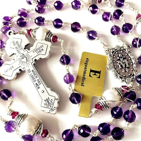 elegantmedical HANDMADE Gold Wire Wrapped Amethyst Beads &10mm Real Pearl Beads Rosary Cross/Crucifix Necklace Gift Box (Amethyst) in Saudi Arabia