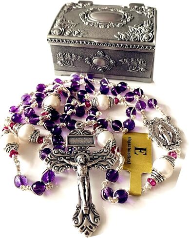 elegantmedical HANDMADE Gold Wire Wrapped Amethyst Beads &10mm Real Pearl Beads Rosary Cross/Crucifix Necklace Gift Box (Amethyst) in Saudi Arabia
