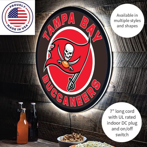 Team Sports America Evergreen NFL Tampa Bay Buccaneers | Ultra-Thin LED Light Wall Sign Décor | 23 Inch Round | Made in USA in Saudi Arabia