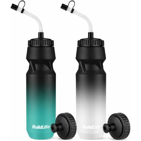 BuildLife 2 Pack Sports Water Bottle - Hockey Water Bottle with Long Straw and 2 lids (Straw and Squeeze) for Helmet Sports Hockey, Lacrosse, Football, Boxing, BPA Free,Dishwash Safe (Red) in Kuwait