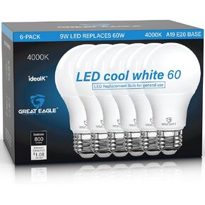 مصابيح إضاءة LED Great Eagle A19 مكافئة 60 وات، لمبة إضاءة LED بيضاء باردة 4000K، 9 وات غير قابلة للتعتيم، 800 لومن (6 عبوات) in Kuwait