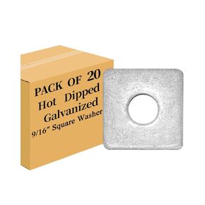 20-Pack 9/16" Square Washers, Hot-Dipped Galvanized Steel, Flat Pad Spacer for Square Nut Fasteners, 9/16" ID x 1-9/16" Square x 9/64" Thick in Saudi Arabia