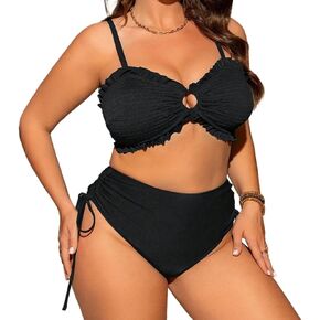 Women's Two Piece Swimsuit, Teal Blue Ruffle Bandeau Bikini Plump Female Beachwear, Textured Pleated Chubby Swimwear in Saudi Arabia