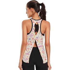 قمصان يوغا تانك النشطة، قمصان نسائية ملونة بنمط الزهور البرية وربطة ظهر بدون ظهر، توب رياضي للجري in Kuwait