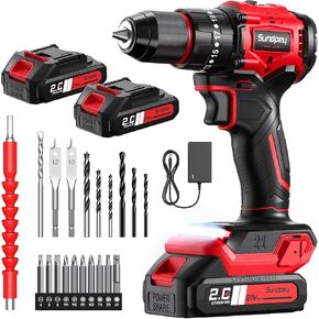 مجموعة مثقاب كهربائي لاسلكي من Sundpey - 620 رطلًا 23+3 مثقاب كهربائي بدون فرشاة مع بطارية 2 × 2.0 أمبير وإضاءة LED وظرف معدني 3/8 بوصة وشاحن سريع - مفك براغي كهربائي للمنزل والأعمال الخشبية للرجال والنساء in Kuwait