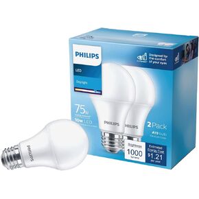 مصباح Philips LED Frosted Dimmable A19 - EyeComfort Flicker Free - 12.2W=75W - 1100 Lumen - ضوء النهار (5000K) - قاعدة E26 - داخلي - العنوان 20 - عبوة من 2 in Kuwait