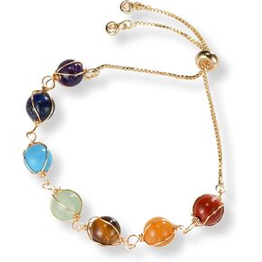7 Chakra Stones Healing Crystal Beaded Bracelet Gold Plated Tigers Eye Lapis Lazuli Citrine Adjustable Bolo Boho Wellness Statement Jewelry for Women in Saudi Arabia
