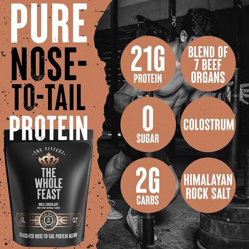 The Fittest Whole Feast Beef Protein Powder - Milk Chocolate - Grass Fed Nose to Tail Carnivore Blend Including Liver, Colostrum and Whole Bone - BCAAs - 14g Collagen, 21g Total Protein in Saudi Arabia
