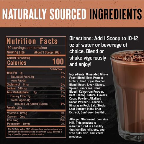 The Fittest Whole Feast Beef Protein Powder - Milk Chocolate - Grass Fed Nose to Tail Carnivore Blend Including Liver, Colostrum and Whole Bone - BCAAs - 14g Collagen, 21g Total Protein in Saudi Arabia