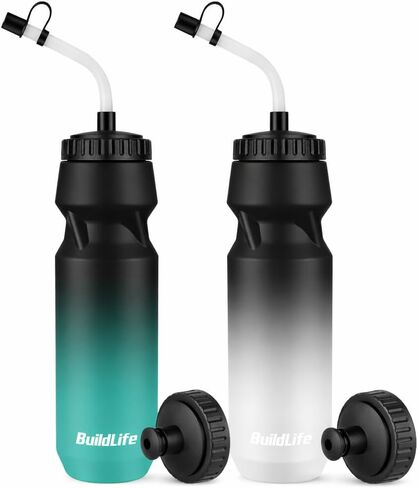 زجاجة مياه رياضية مكونة من قطعتين من BuildLife - زجاجة مياه للهوكي مع شفاطة طويلة وغطاءين (القش والضغط) لخوذة الهوكي الرياضية، لاكروس، كرة القدم، الملاكمة، خالية من البيسفينول A، آمنة للاستخدام في غسالة الأطباق (أحمر) in Kuwait