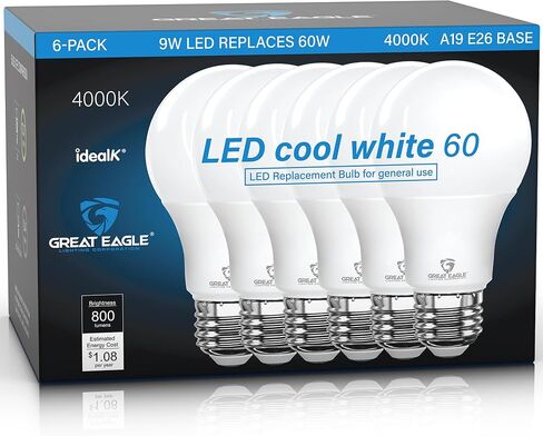 مصابيح إضاءة LED Great Eagle A19 مكافئة 60 وات، لمبة إضاءة LED بيضاء باردة 4000K، 9 وات غير قابلة للتعتيم، 800 لومن (6 عبوات) in Kuwait