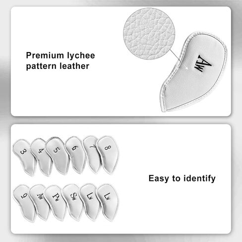 أغطية رأس نادي الجولف من الجلد الأبيض مكونة من 12 قطعة من Mupera - أغطية حديدية من الجلد الأصلي الفاخر مع إغلاق آمن، جوارب واقية عالمية مناسبة لمعظم العلامات التجارية لنادي الجولف in Kuwait