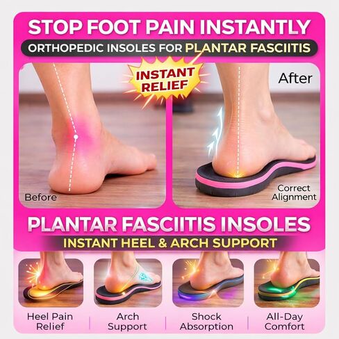 Premium High Arch Support Inserts Women – Plantar Fasciitis Relief – Pink Orthopedic Insoles for Women, 220+ Lbs – for Flat Feet & Anti Fatigue M Size in Saudi Arabia