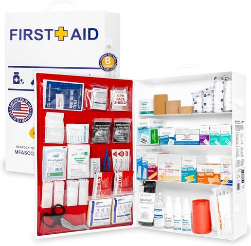 MFASCO First Aid Kit Back - 414 PCS - ANSI 2021 Class B - يملأ الخزانات الصناعية الكبيرة 3 على الرف - حزم الاستخدام الفردي - لا أدوية - ضمادات لاصق موثوقة وشاش من أجل التعبئة in Kuwait