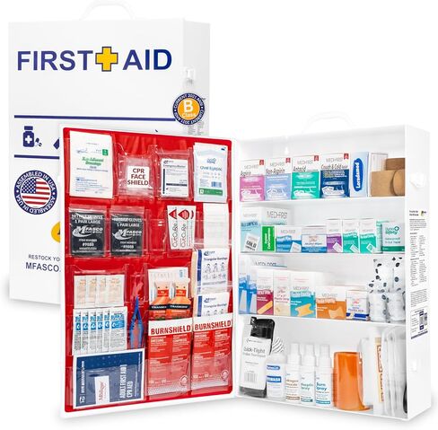 MFASCO First Aid Kit Back - 414 PCS - ANSI 2021 Class B - يملأ الخزانات الصناعية الكبيرة 3 على الرف - حزم الاستخدام الفردي - لا أدوية - ضمادات لاصق موثوقة وشاش من أجل التعبئة in Kuwait