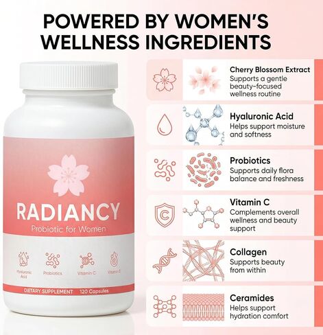بروبيوتيك راديانسي للنساء، بروبيوتيك مهبلي للجفاف وتوازن درجة الحموضة، مستخلص زهر الكرز، حمض الهيالورونيك، البروبيوتيك، فيتامين ج، 120 قيراط in Kuwait
