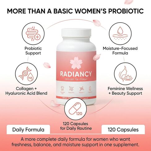 بروبيوتيك راديانسي للنساء، بروبيوتيك مهبلي للجفاف وتوازن درجة الحموضة، مستخلص زهر الكرز، حمض الهيالورونيك، البروبيوتيك، فيتامين ج، 120 قيراط in Kuwait