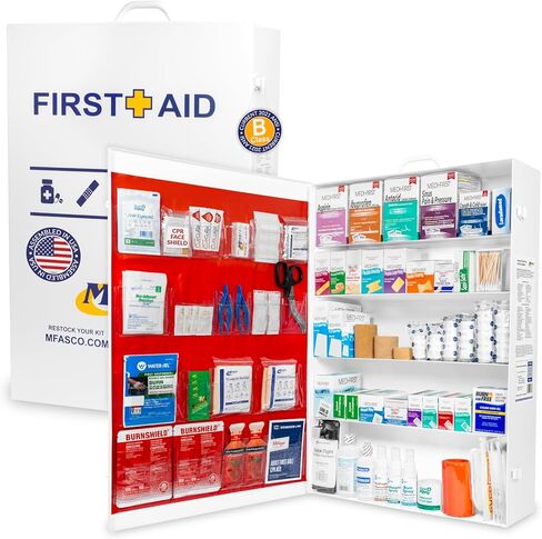 MFASCO First Aid Kit Back - 414 PCS - ANSI 2021 Class B - يملأ الخزانات الصناعية الكبيرة 3 على الرف - حزم الاستخدام الفردي - لا أدوية - ضمادات لاصق موثوقة وشاش من أجل التعبئة in Kuwait