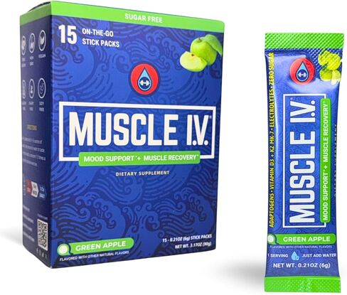 MUSCLE I.V.® دعم المزاج، التعافي، مكمل خفض الكورتيزول، فيتامين د3 ك2، جليسينات المغنيسيوم، إل-ثيانين، KSM-66® أشواغاندا، عبوات مسحوق الإلكتروليتات، خالي من السكر. 15 قيراط (التوت البري) in Kuwait