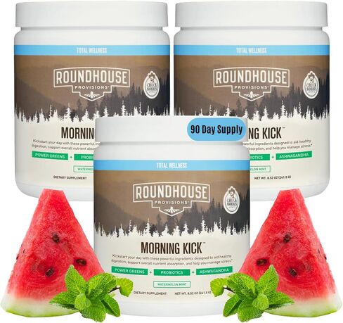 توفير ROUNDHOUSE Morning Kick، مكملات مسحوق Superfood الخالية من السكر مع أشواغاندا والكولاجين والبروبيوتيك ومشروب Debloat، 30 حصة (عصير الليمون بالفراولة) بواسطة Chuck Norris in Kuwait