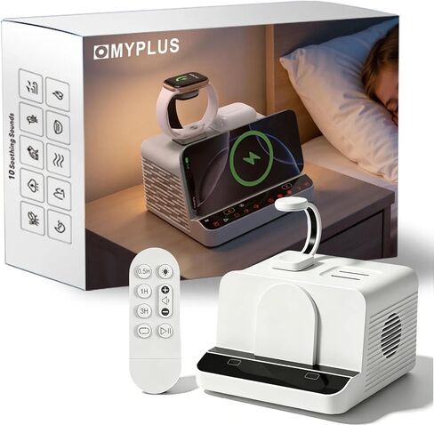 جهاز ضوضاء أبيض من MYPLUS، 10 أصوات مهدئة للنوم مع محطة شحن لاسلكية 15 وات، ضوء ليلي RGB بـ 7 ألوان، جهاز تحكم عن بعد للنوم والحضانة in Saudi Arabia